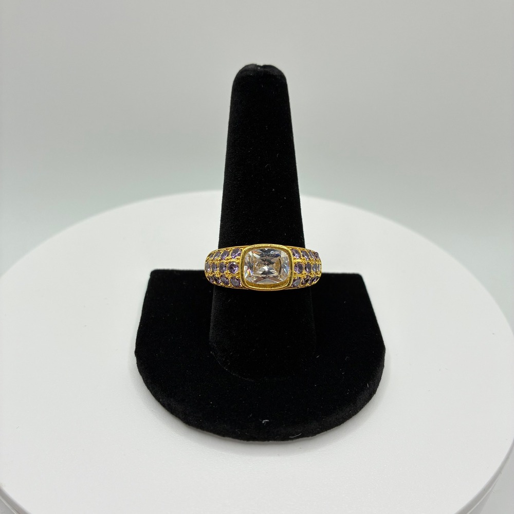 Bomb Party Ring Women's Size 9.75 Gold Purple Clear Cushion Cut Statement Band